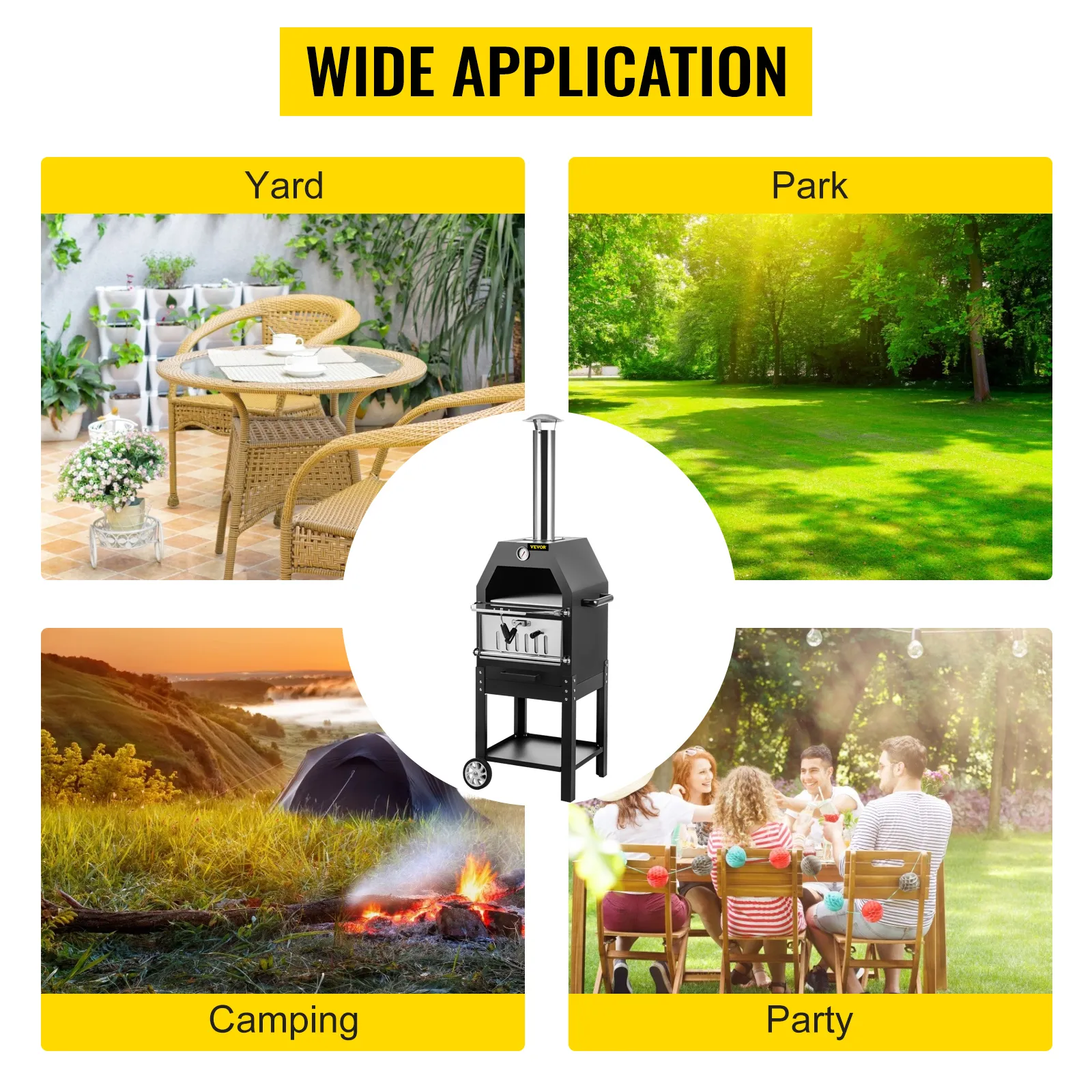 VEVOR outdoor pizza oven in yard, park, camping, and party settings with a wide application.