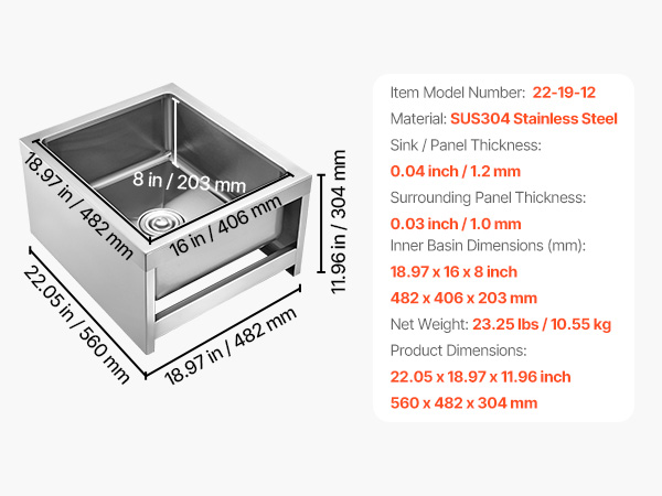 VEVOR Stainless Steel Floor Mop Sink, 22 x 19 x 12 in, 304