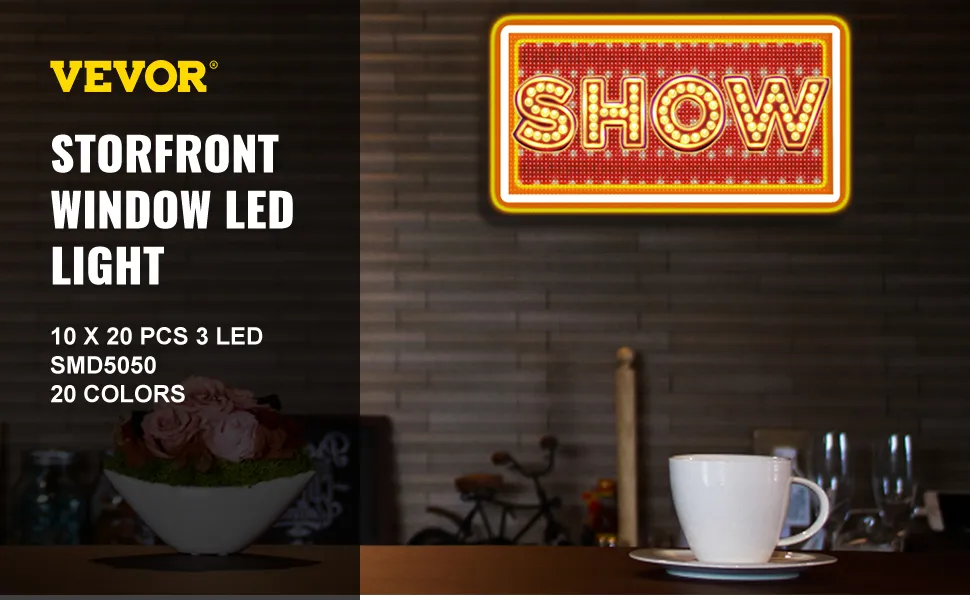 VEVOR storefront lights with led "show" sign above a countertop with coffee cup and decor.