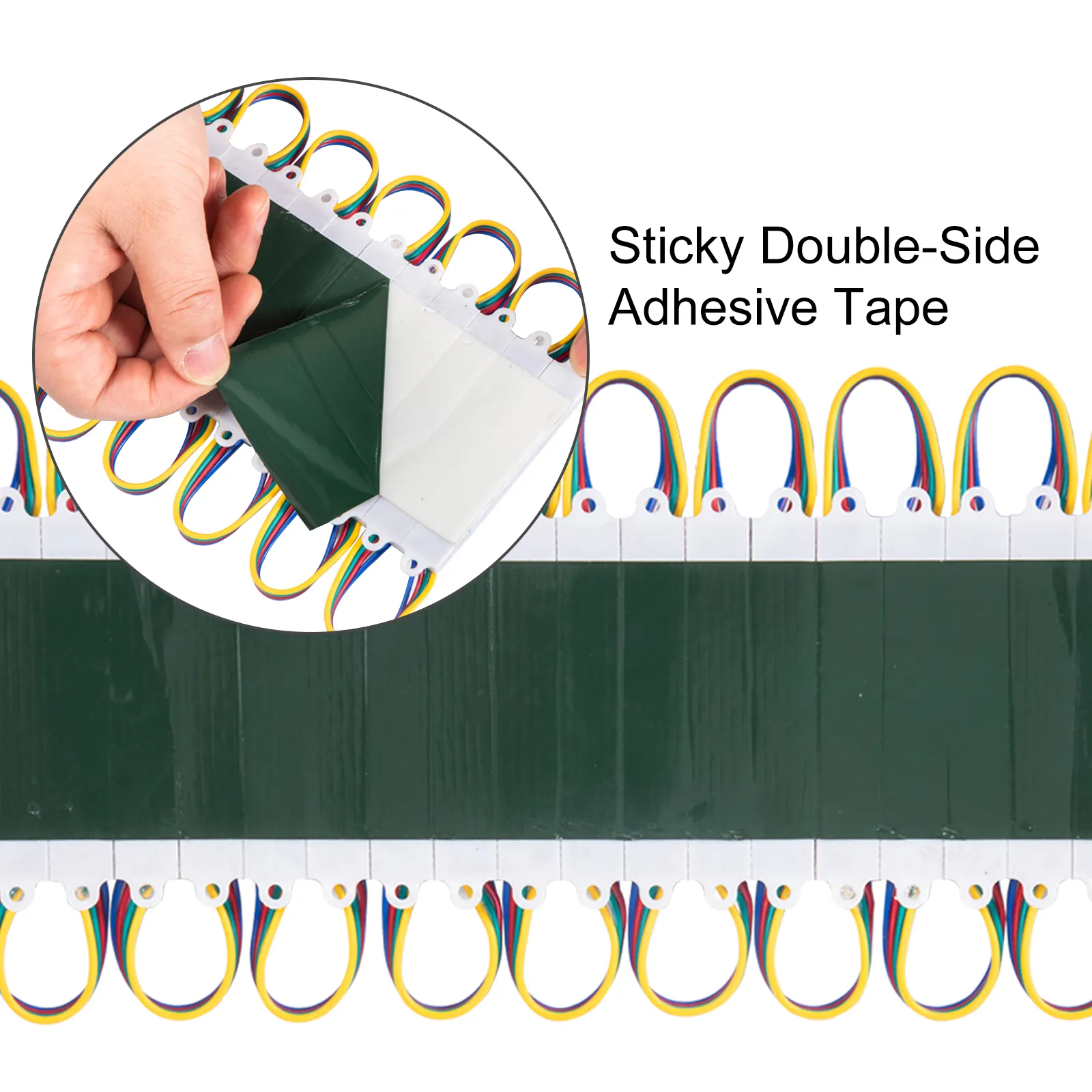 hand peeling double-sided adhesive tape reveal on VEVOR storefront lights.