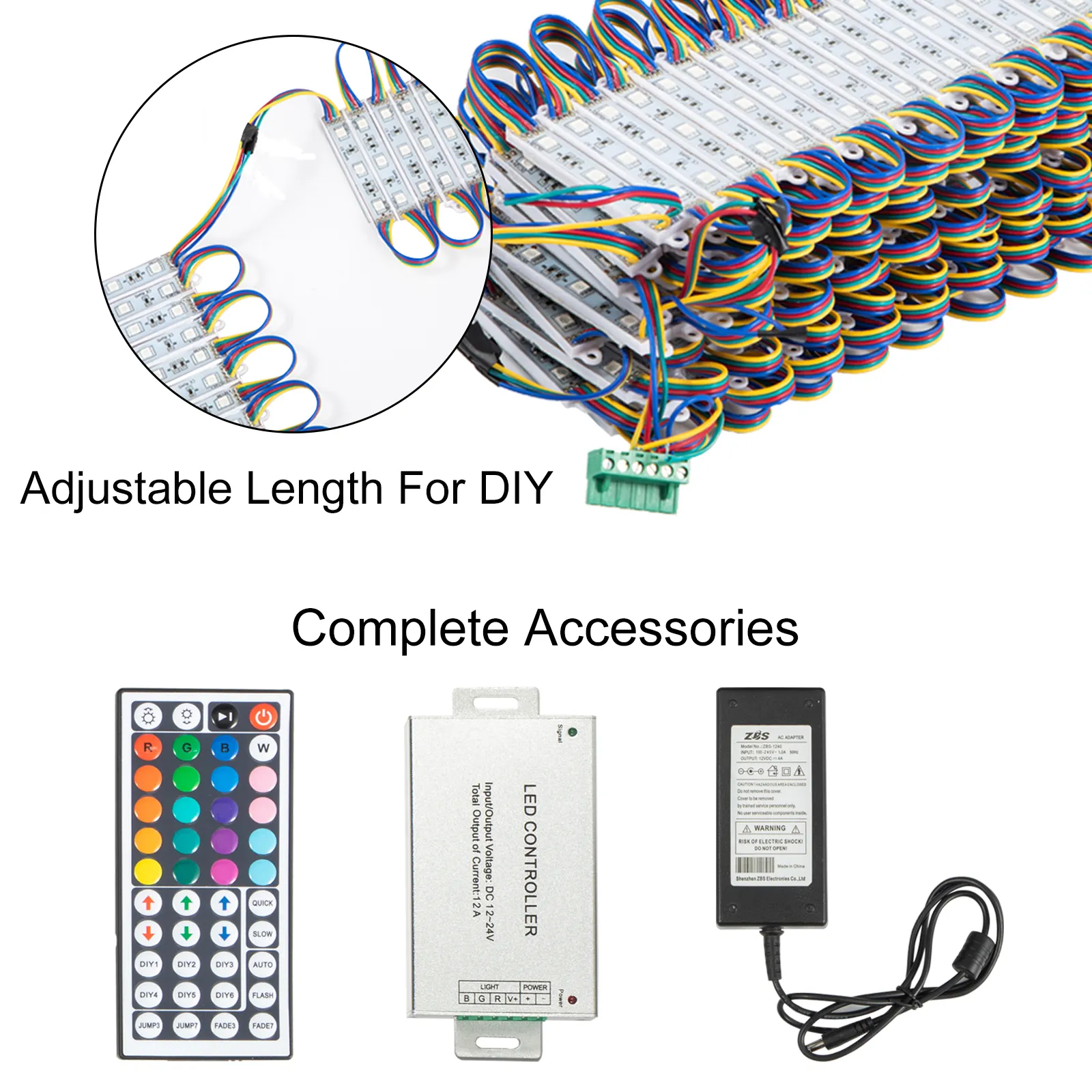 VEVOR storefront lights with remote control, led controller, and power adapter.