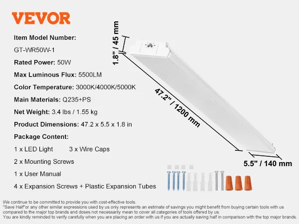 VEVOR led wraparound light specifications and dimensions with mounting hardware package contents.