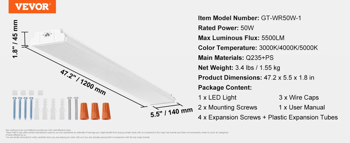 VEVOR led wraparound light specifications and dimensions with mounting hardware package contents.