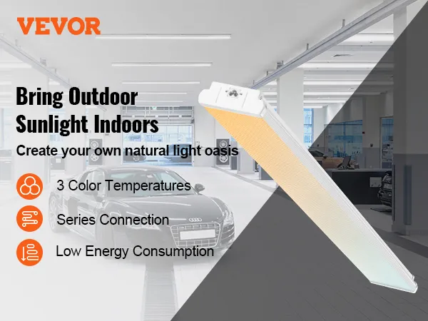 VEVOR led wraparound light in a modern automotive garage with 3 color temperatures and low energy consumption.