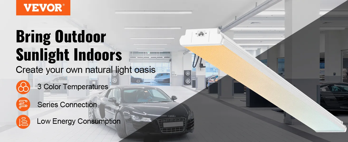 VEVOR led wraparound light in a modern automotive garage with 3 color temperatures and low energy consumption.