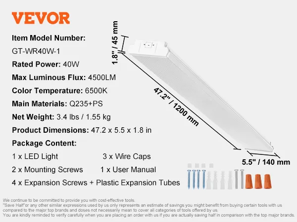 VEVOR led shop light, 40w, 4500lm, 6500k, 47.2 x 5.5 x 1.8 in, package includes screws and wire caps