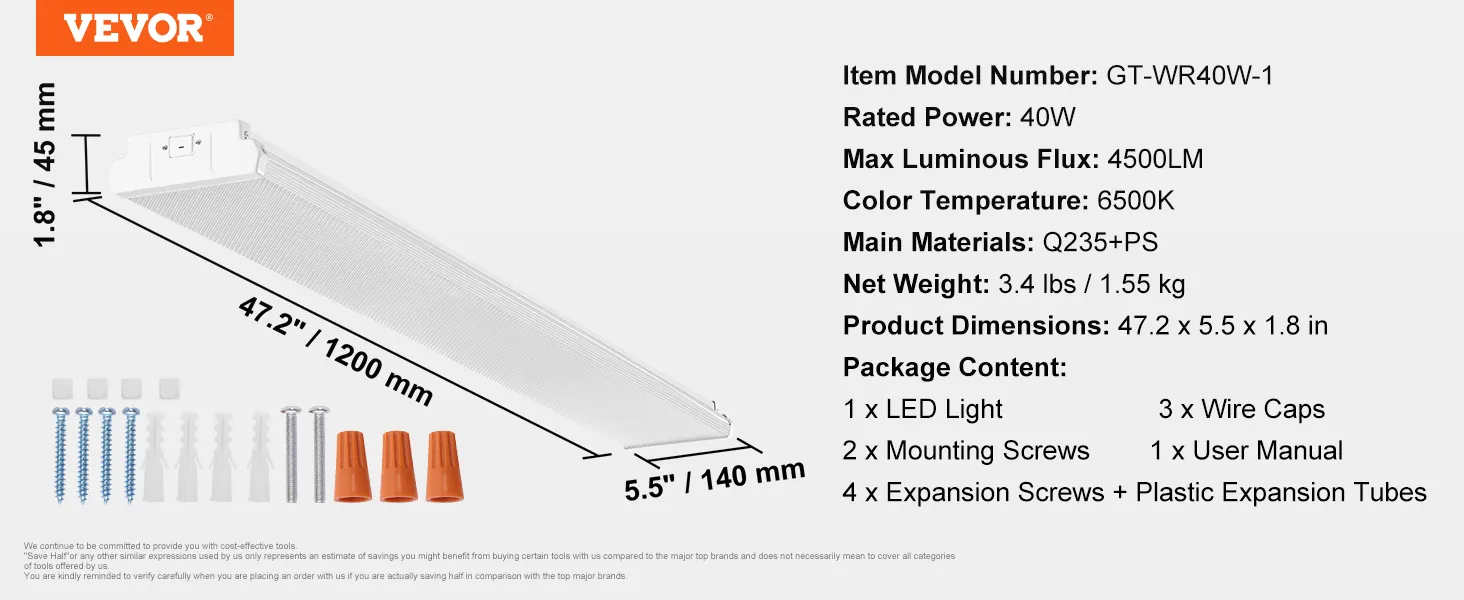 VEVOR led shop light, 40w, 4500lm, 6500k, 47.2 x 5.5 x 1.8 in, package includes screws and wire caps