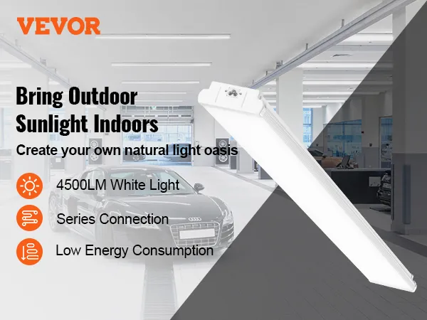 VEVOR led shop light in a bright garage, offering 4500lm white light, series connection, and low energy use.