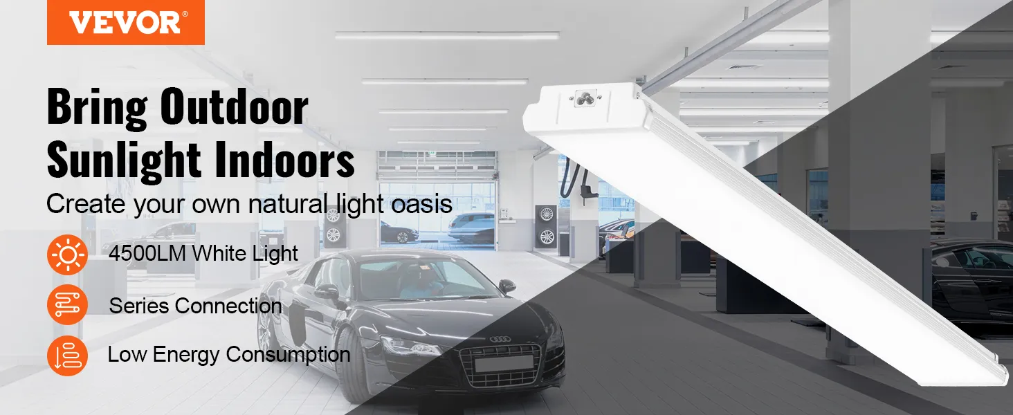 VEVOR led shop light in a bright garage, offering 4500lm white light, series connection, and low energy use.