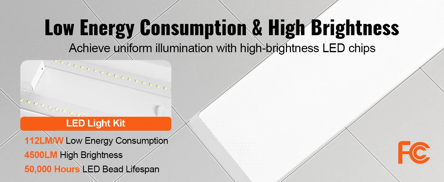 low energy consumption and high brightness VEVOR led shop light with 50,000-hour lifespan and 4500lm.