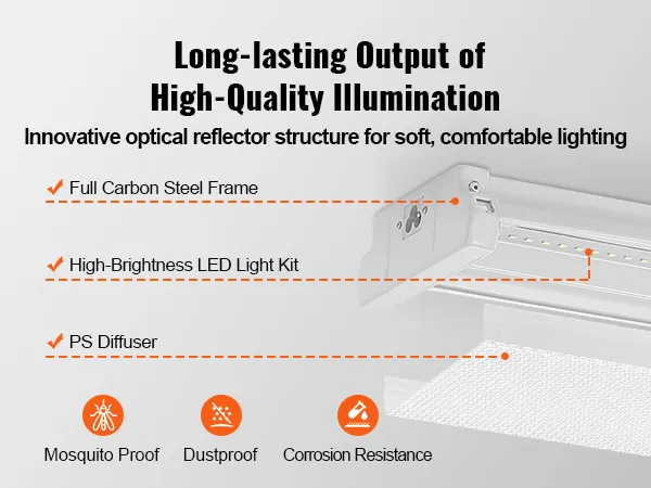 VEVOR led shop light with carbon steel frame, high-brightness leds, and ps diffuser for superior lighting.