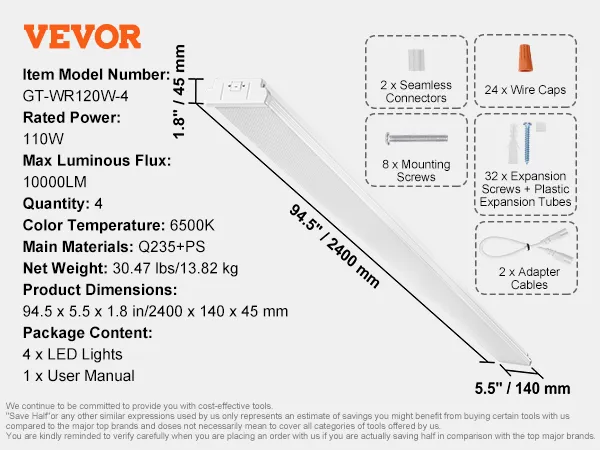 VEVOR led shop light, 110w, 10000lm, 6500k, 94.5 x 5.5 x 1.8 in, includes mounting hardware and user manual.