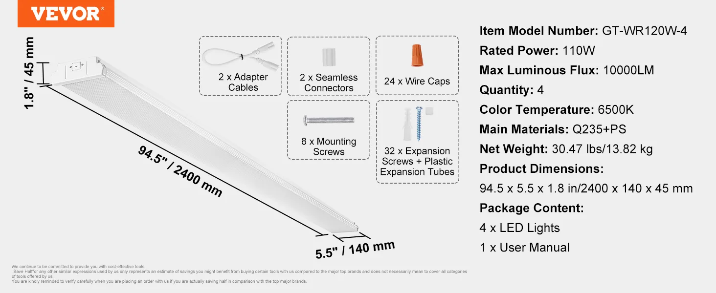 VEVOR led shop light, 110w, 10000lm, 6500k, 94.5 x 5.5 x 1.8 in, includes mounting hardware and user manual.