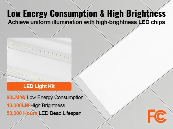 VEVOR led shop light: 90lm/w low energy consumption, 10,000lm high brightness, 50,000-hour lifespan.