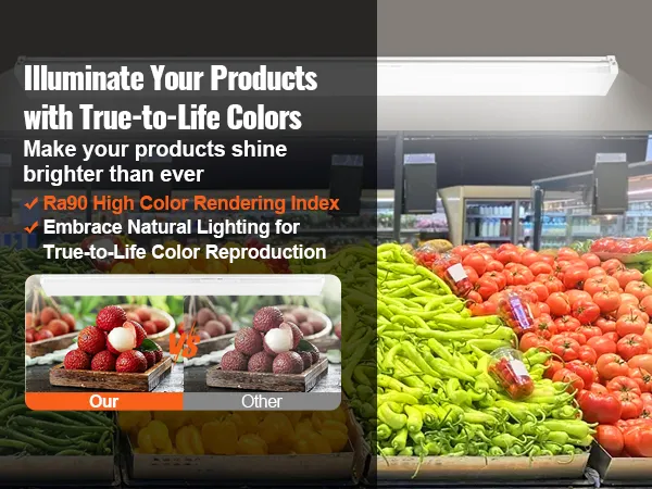 VEVOR led shop light illuminating fresh fruits and vegetables with high color rendering index ra90 for true-to-life colors.