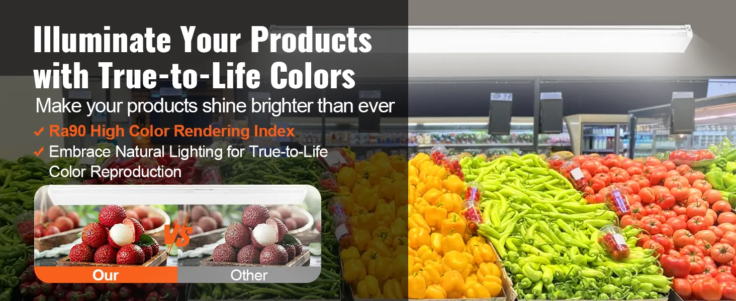VEVOR led shop light illuminating fresh fruits and vegetables with high color rendering index ra90 for true-to-life colors.