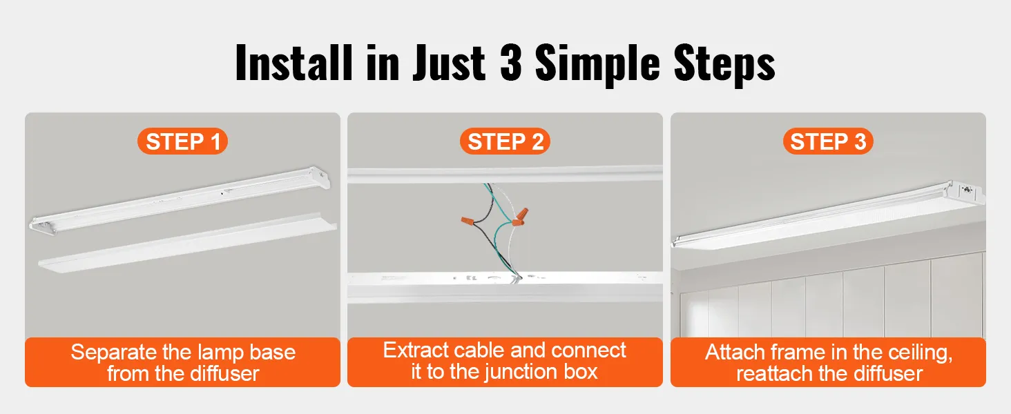 install VEVOR led shop light in 3 steps: separate base and diffuser, connect cables, attach frame, reattach diffuser.