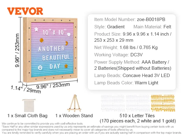 Tablero de letras de fieltro VEVOR con fondo degradado, soporte de madera, 510 fichas de letras y una pequeña bolsa de tela.