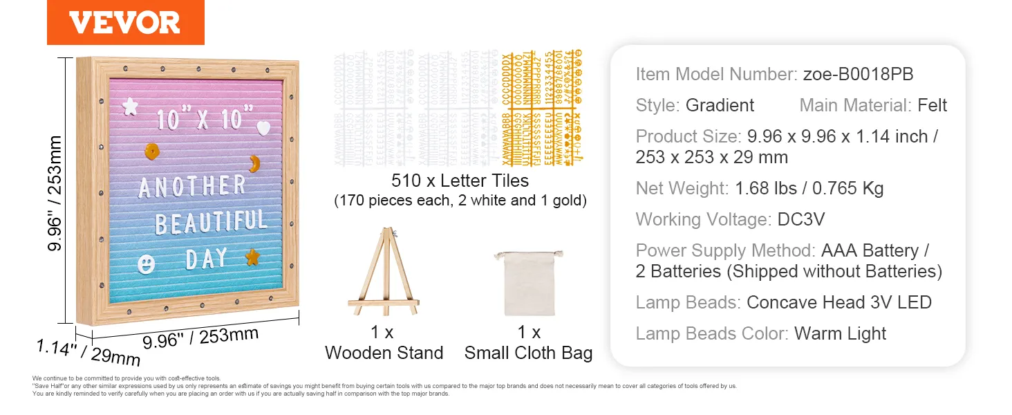 Tablero de letras de fieltro VEVOR con fondo degradado, soporte de madera, 510 fichas de letras y una pequeña bolsa de tela.