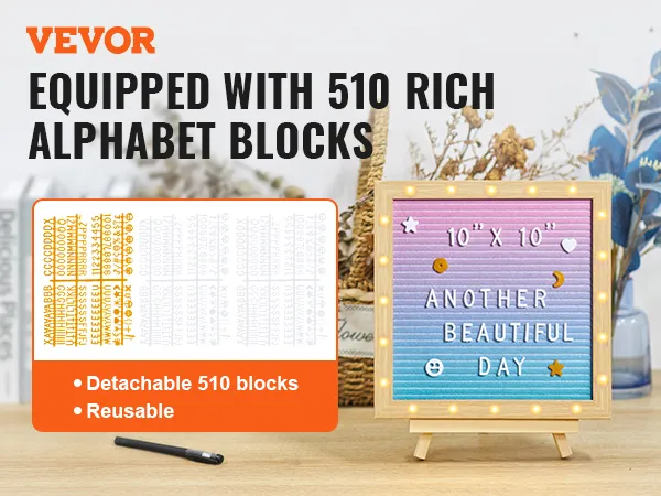 Tablero de letras de fieltro VEVOR con 510 bloques de alfabeto desmontables, reutilizables y tamaño de 10" x 10".