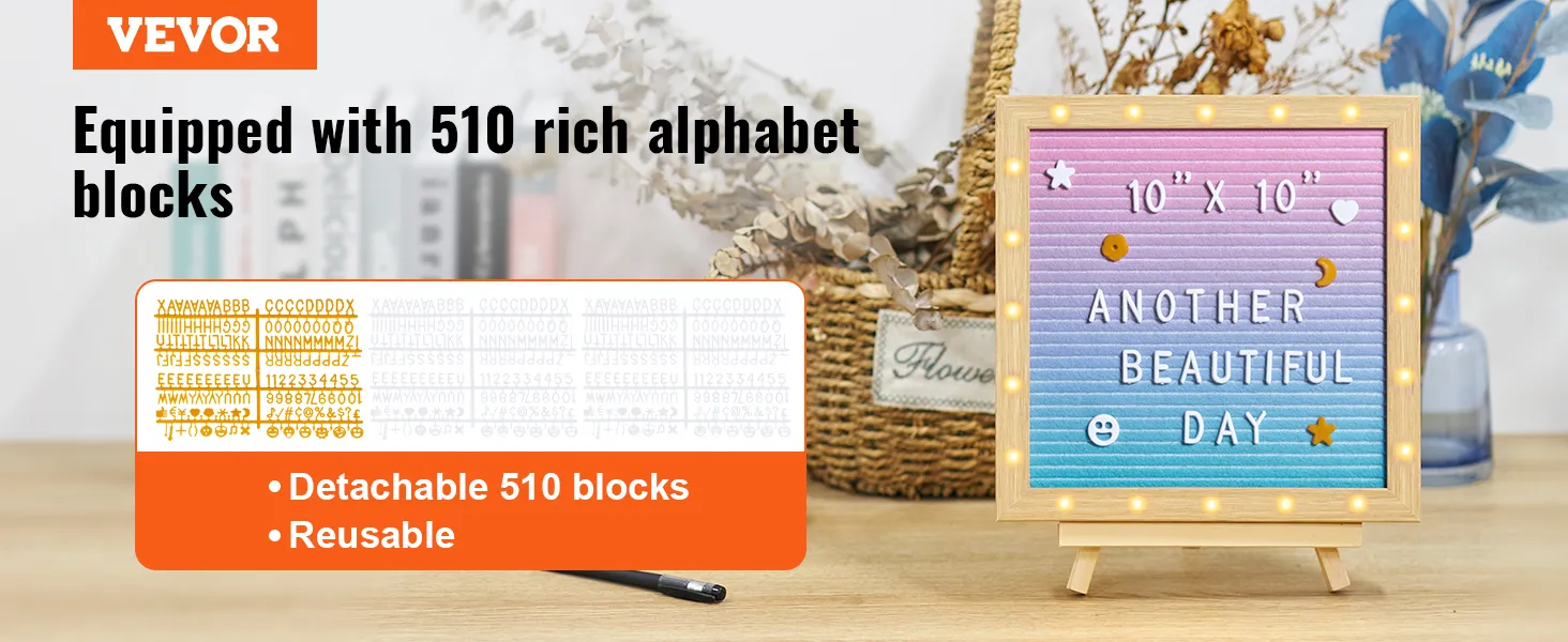Tablero de letras de fieltro VEVOR con 510 bloques de alfabeto desmontables, reutilizables y tamaño de 10" x 10".