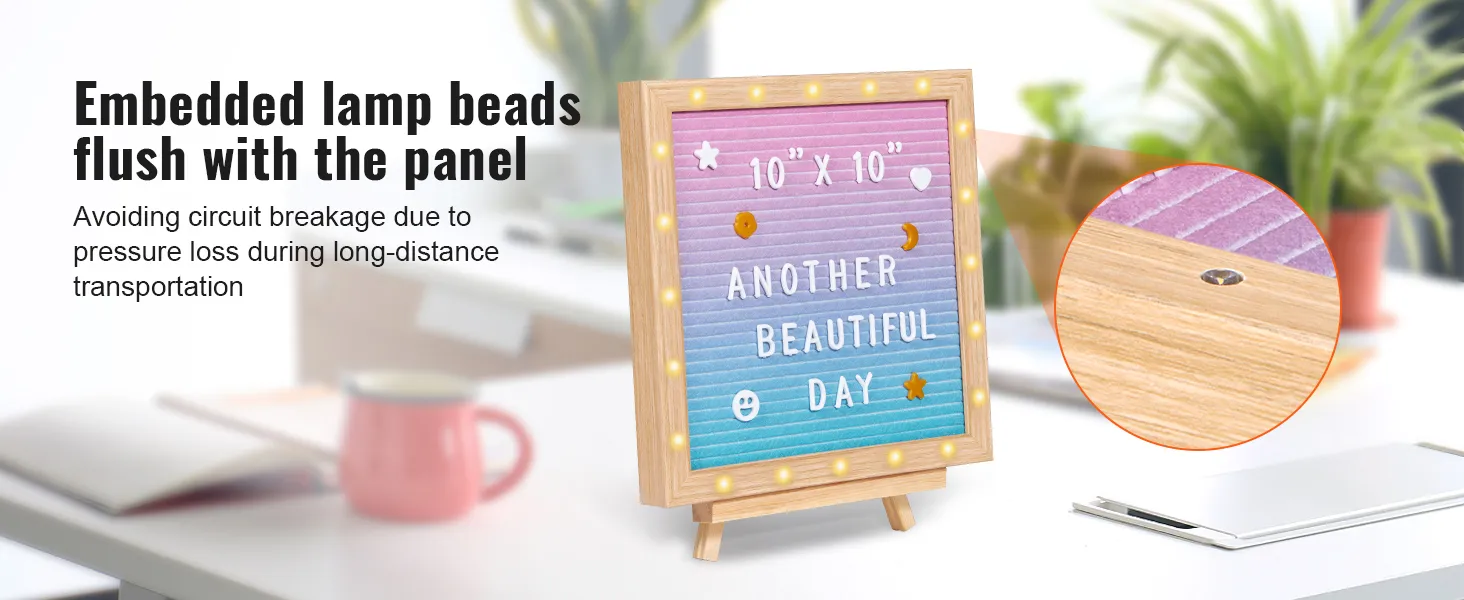 Tablero de letras de fieltro VEVOR de madera con luces, 10" x 10", mensaje "otro día hermoso" en una oficina acogedora.