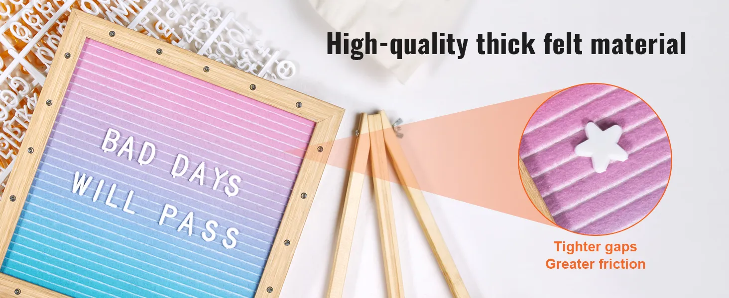 Tablero de letras de fieltro VEVOR con marco de madera, fondo colorido y material de fieltro grueso de alta calidad.