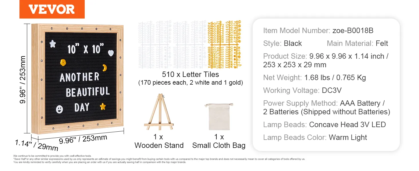 Tablero de letras de fieltro VEVOR, 10" x 10", con soporte de madera, 510 fichas de letras y pequeña bolsa de tela.