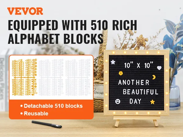 Tablero de letras de fieltro VEVOR con luces LED, 510 bloques de alfabeto desmontables, tamaño 10" x 10".