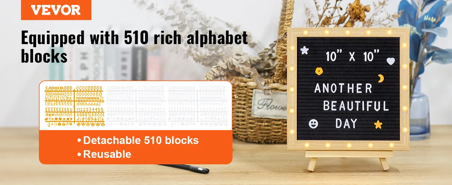 Tablero de letras de fieltro VEVOR con luces LED, 510 bloques de alfabeto desmontables, tamaño 10" x 10".