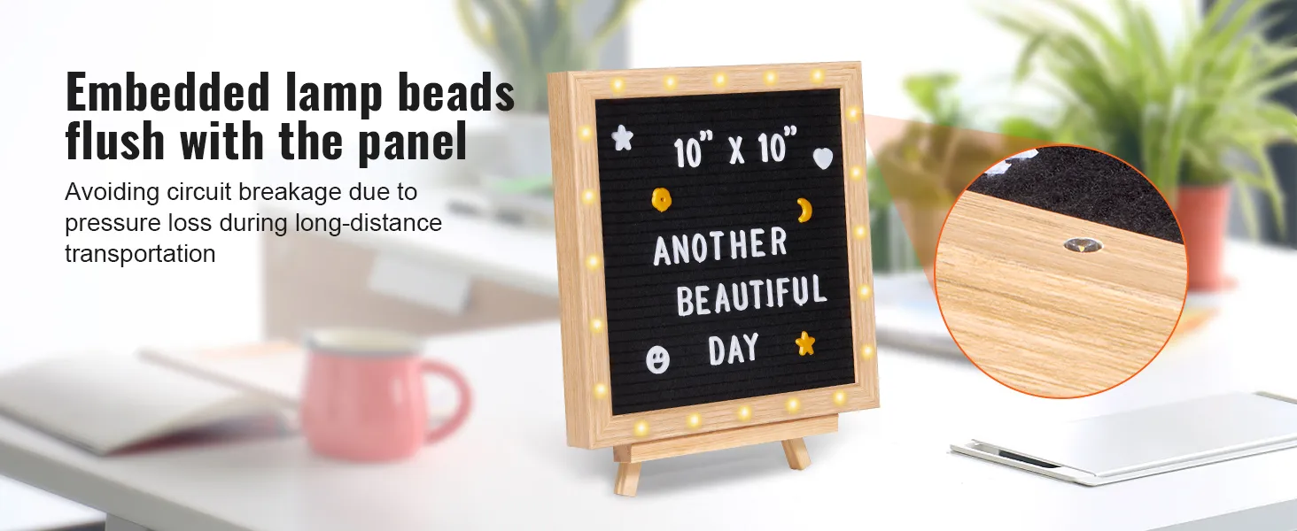 Tablero de letras de fieltro VEVOR con cuentas de lámpara incrustadas, que muestra "otro hermoso día" en un escritorio.