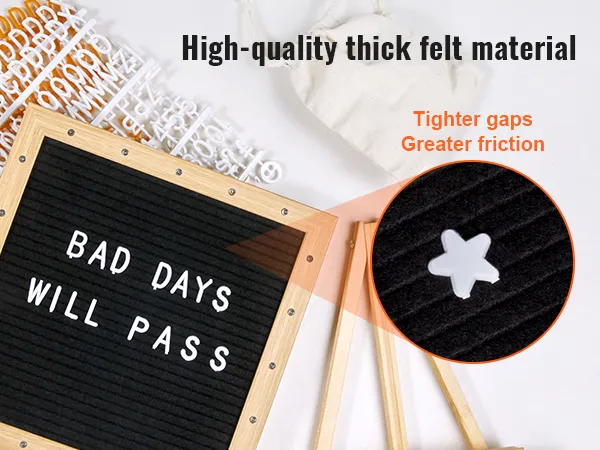 Tablero de letras de fieltro VEVOR con marco de madera, letras blancas y texto "los malos días pasarán".