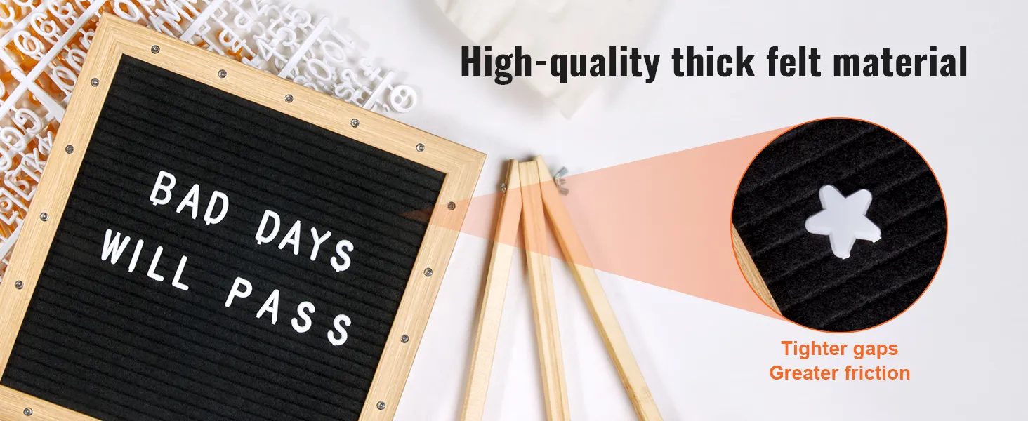 Tablero de letras de fieltro VEVOR con marco de madera, letras blancas y texto "los malos días pasarán".