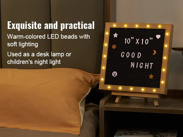 Tablero de letras de fieltro VEVOR con luces LED cálidas, que muestra "buenas noches" en una mesita de noche.