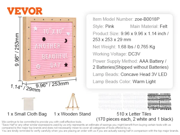 VEVOR pink felt letter board with 510 letter tiles, wooden stand, and cloth bag for messages, 10"x10".