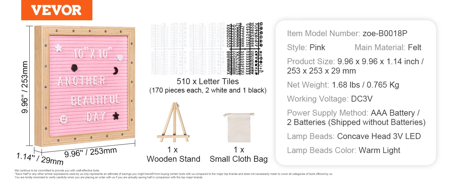 VEVOR pink felt letter board with 510 letter tiles, wooden stand, and cloth bag for messages, 10"x10".