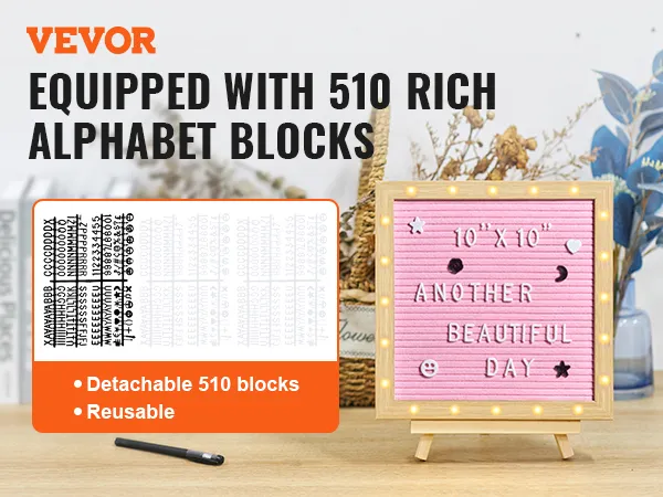 VEVOR pink felt letter board with 510 detachable and reusable alphabet blocks, 10" x 10".