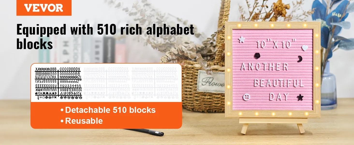 VEVOR pink felt letter board with 510 detachable and reusable alphabet blocks, 10" x 10".