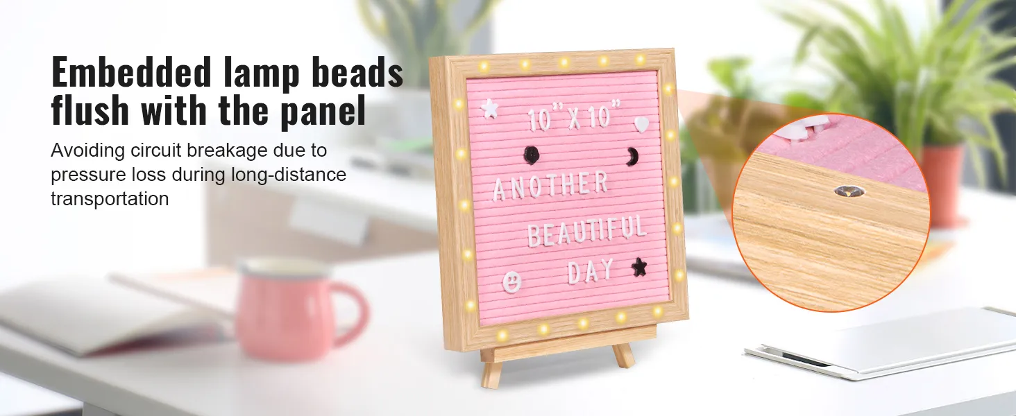 VEVOR pink felt letter board with embedded lamp beads, wooden frame, and customizable letters on a desk.