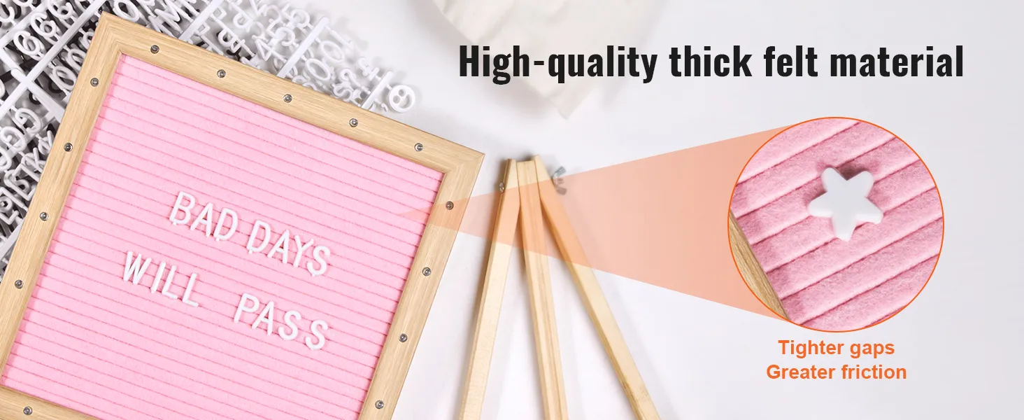 VEVOR pink felt letter board with white letters and wooden frame. high-quality thick felt material.