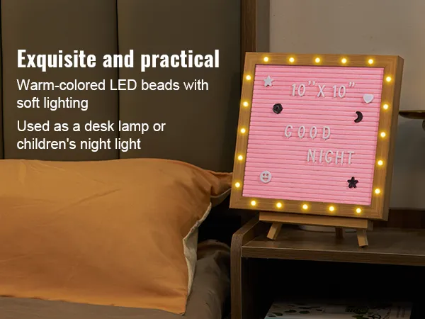 VEVOR pink felt letter board with led lights beside bed, used as desk lamp or night light.