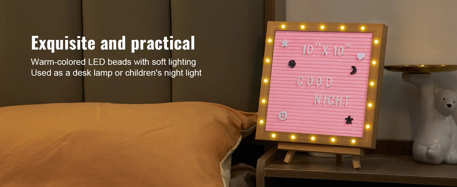VEVOR pink felt letter board with led lights beside bed, used as desk lamp or night light.