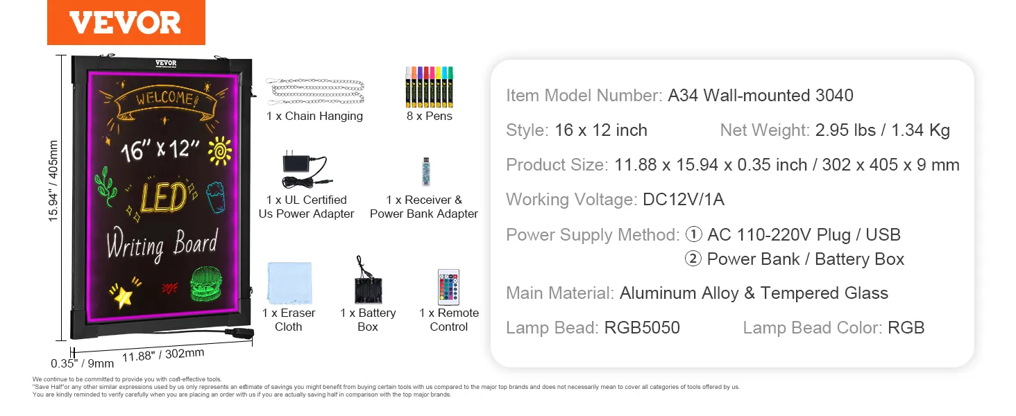 VEVOR led message writing board, 16" x 12", includes 8 pens, chain hanging, power adapter, remote control.