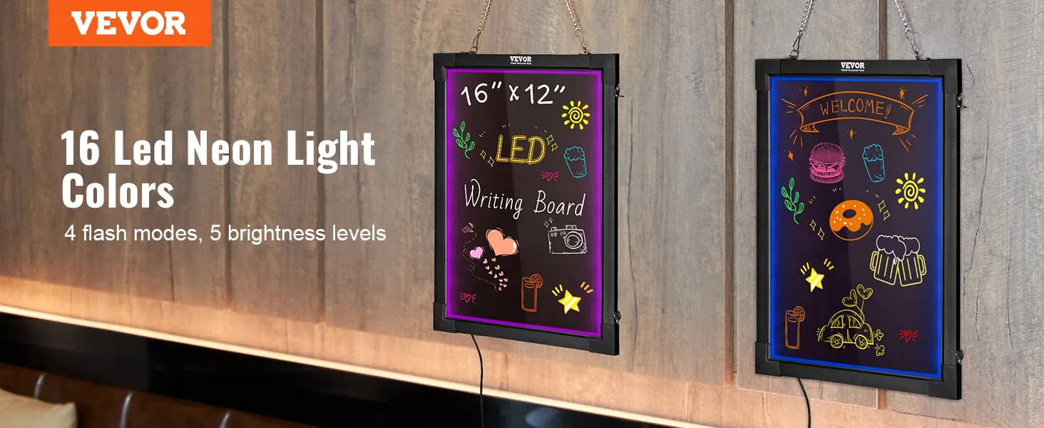 VEVOR led message writing board with 16 led neon light colors, 4 flash modes, 5 brightness levels.
