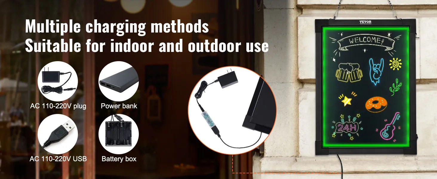 VEVOR led message writing board with various charging options for indoor and outdoor use.