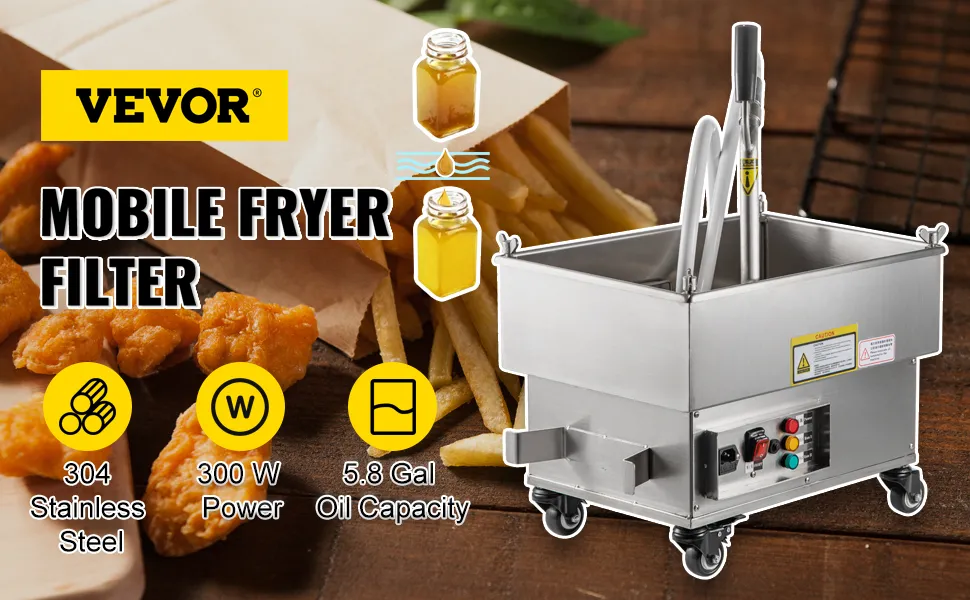 Filtro de freidora móvil VEVOR con acero inoxidable 304, 300w de potencia y capacidad de aceite de 5,8 galones.