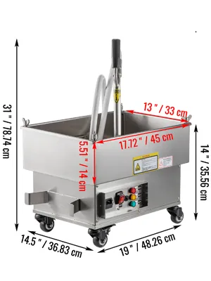 Freidora móvil con filtro VEVOR con dimensiones y mango ergonómico sobre ruedas.