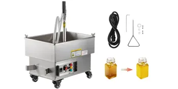 Comparativa de filtro de freidora móvil VEVOR con accesorios y aceite usado para limpiar.