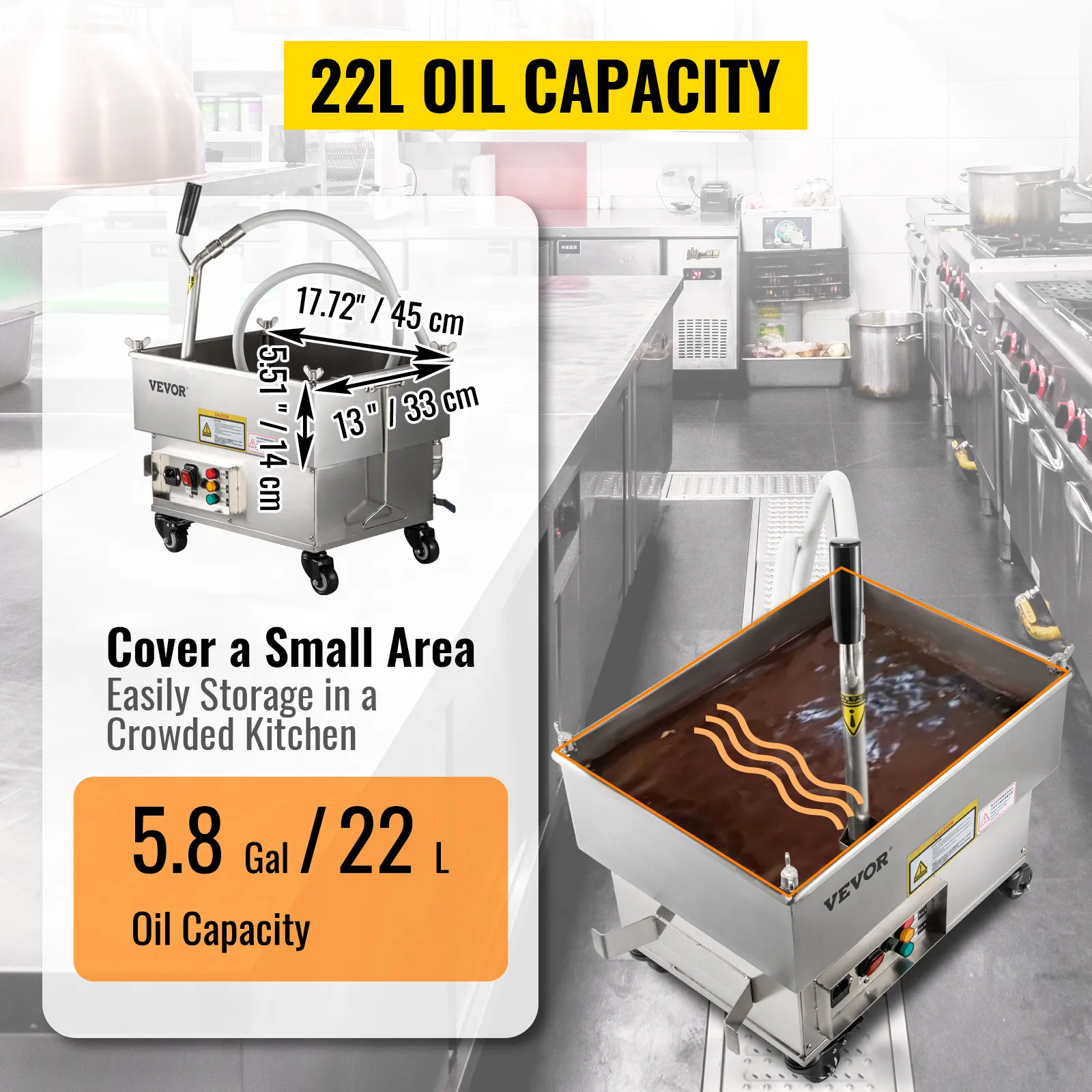 Filtro de freidora móvil VEVOR en una cocina comercial, capacidad de aceite de 22l.