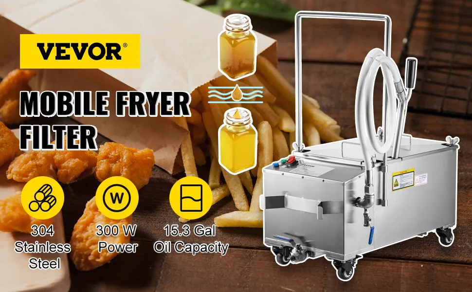 VEVOR mobile fryer filter with 304 stainless steel, 300w power, 15.3 gal oil capacity.
